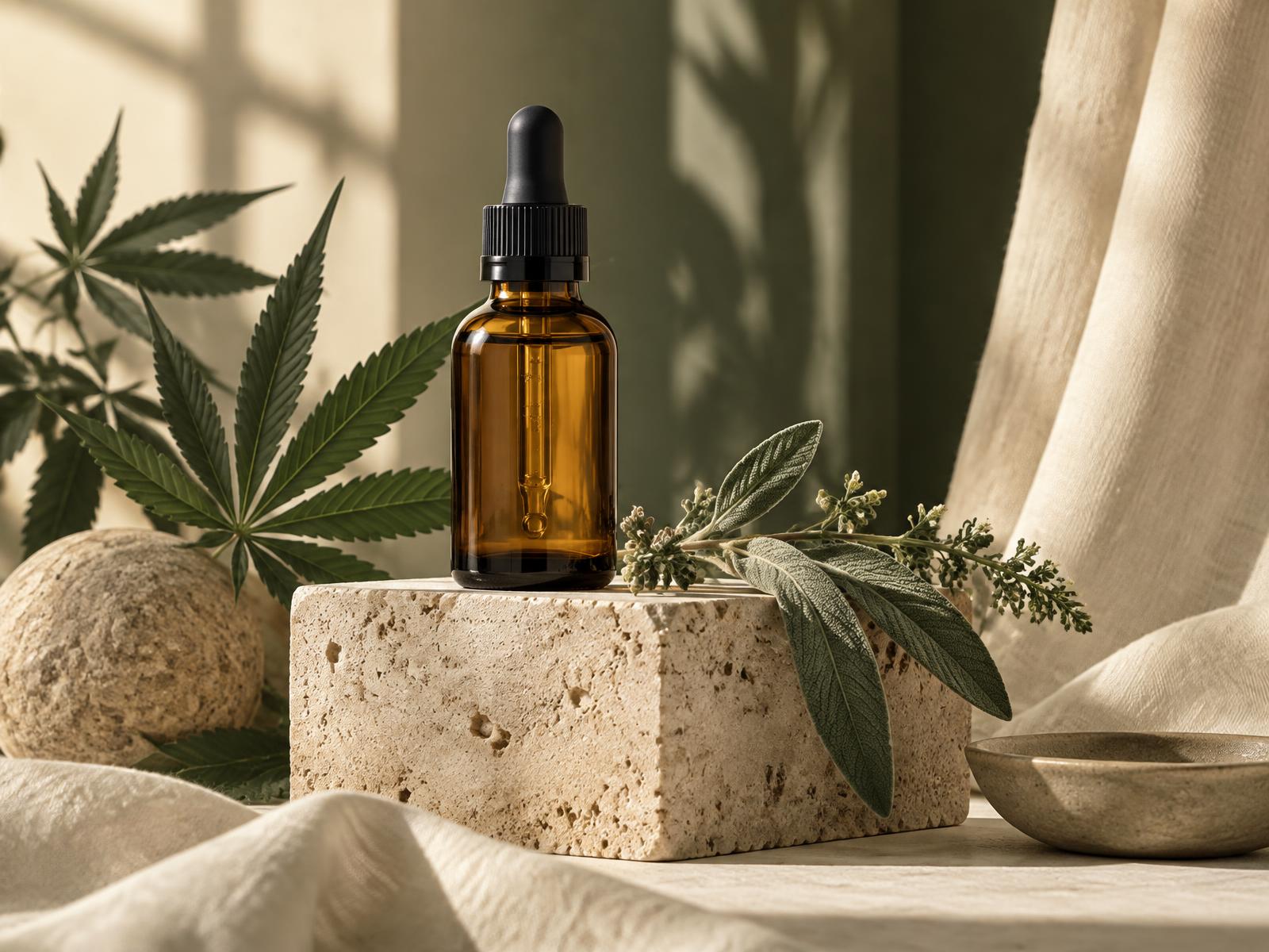 Amber CBD dropper bottle on a travertine stone with hemp and sage leaves in soft morning light